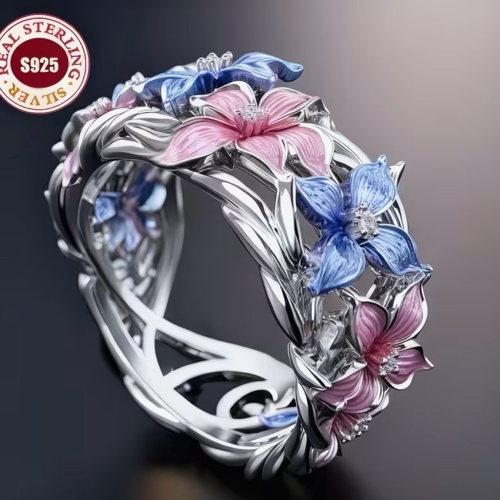 Custom Designs Floral Sterling Silver Ring with Pink and Blue Accents